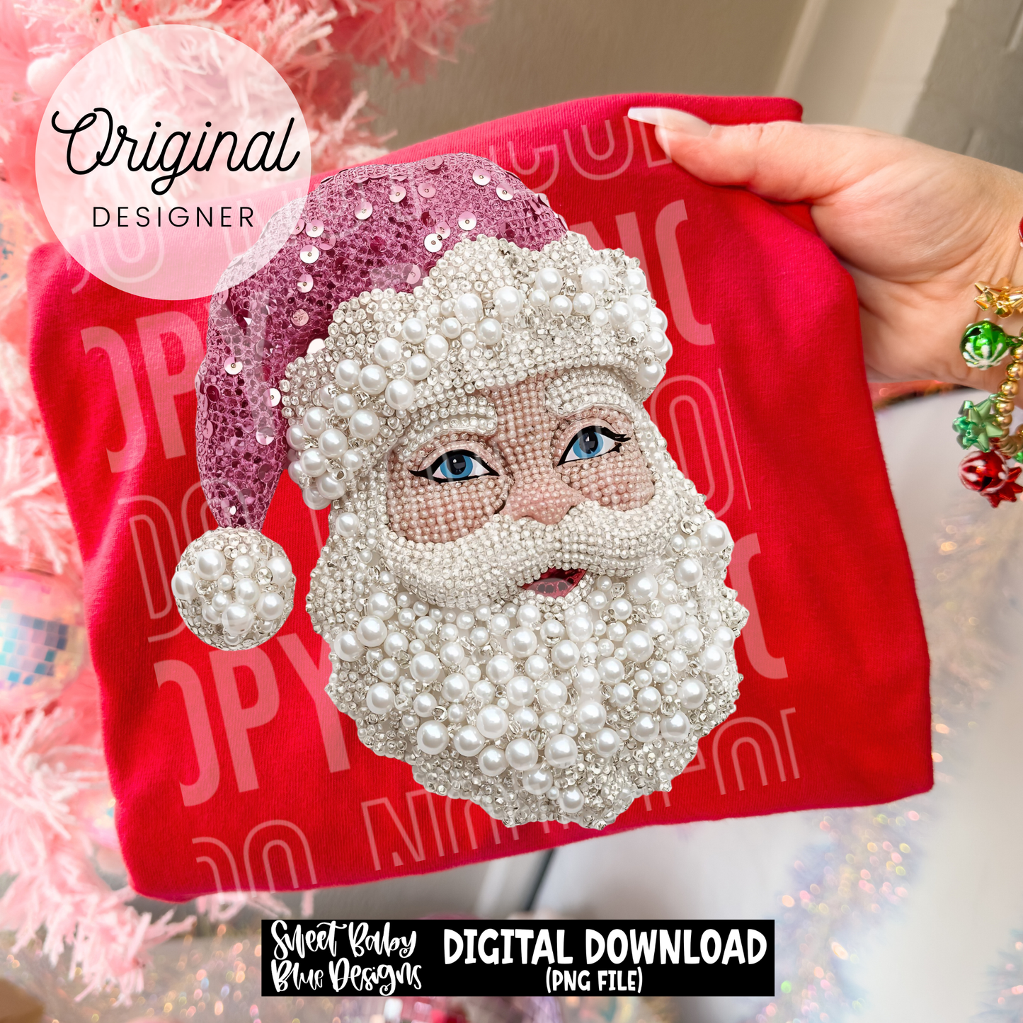 Santa- Pink hat- Faux pearls - 2025 - PNG file- Digital Download