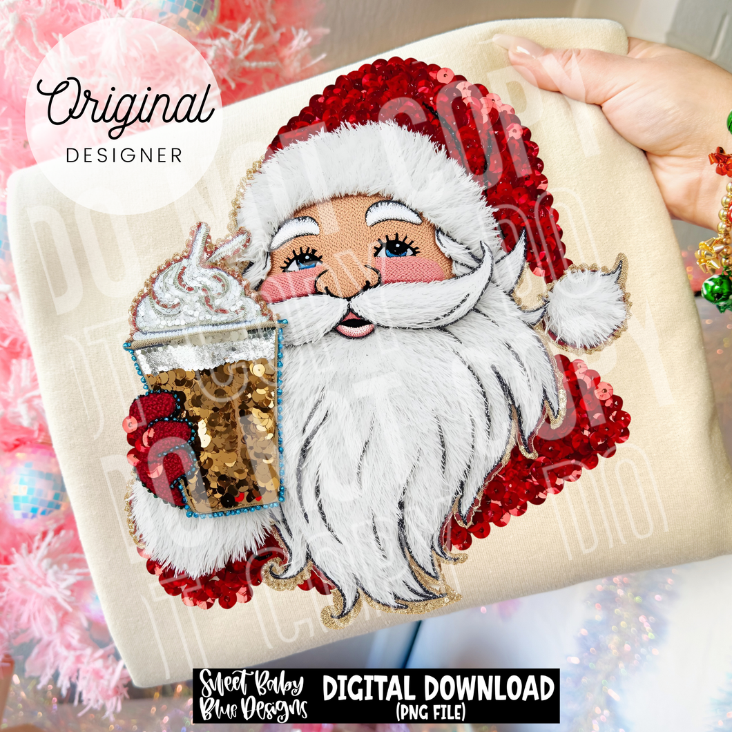 Santa Coffee - Faux Sequin- 2025 - PNG file- Digital Download