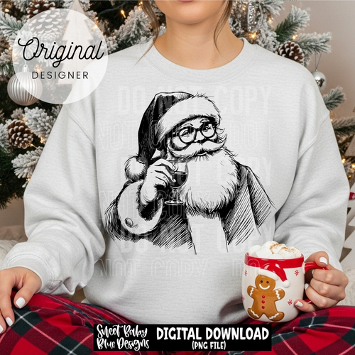 Santa- Wine - Black and White - Christmas - 2025 - PNG file- Digital Download