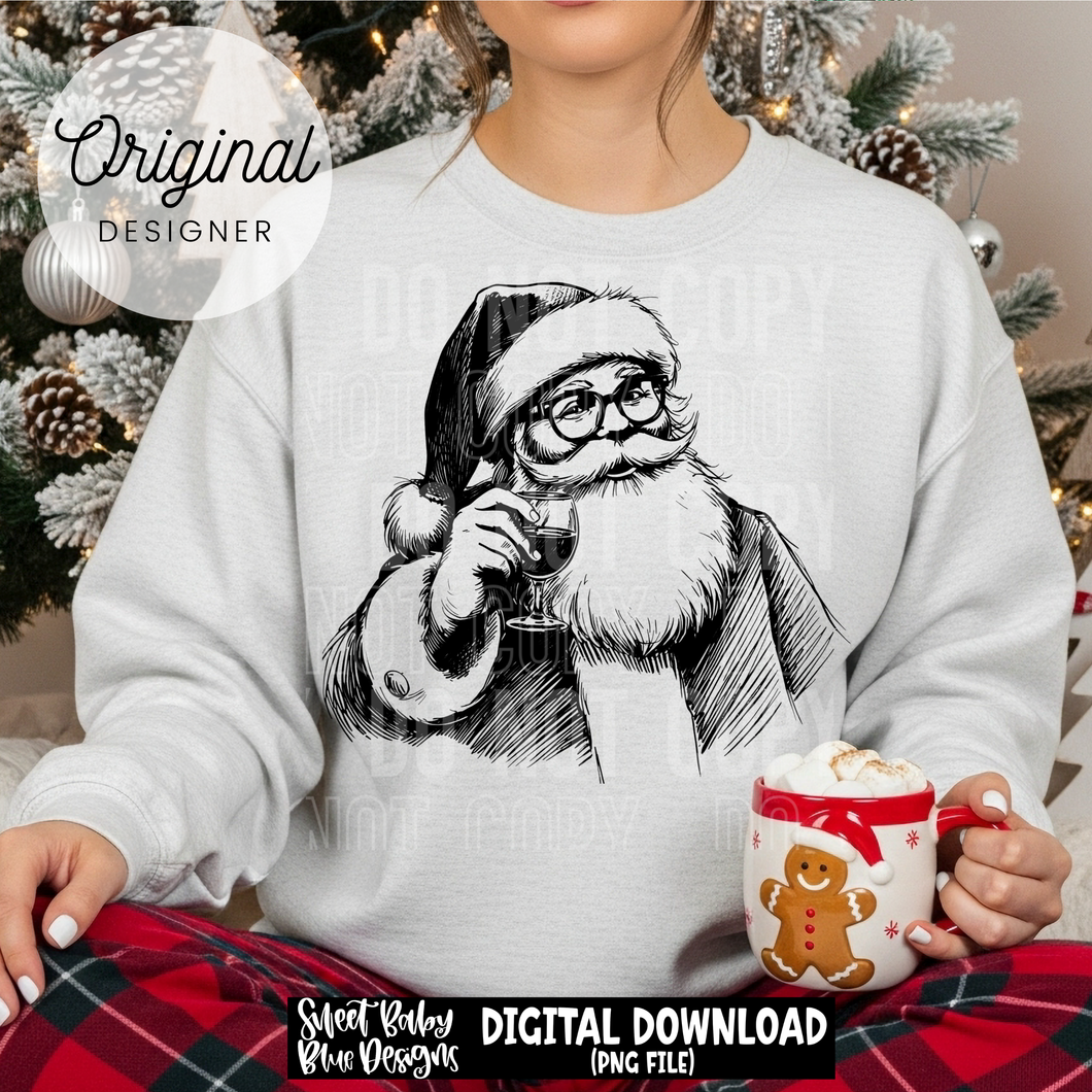 Santa- Wine - Black and White - Christmas - 2025 - PNG file- Digital Download