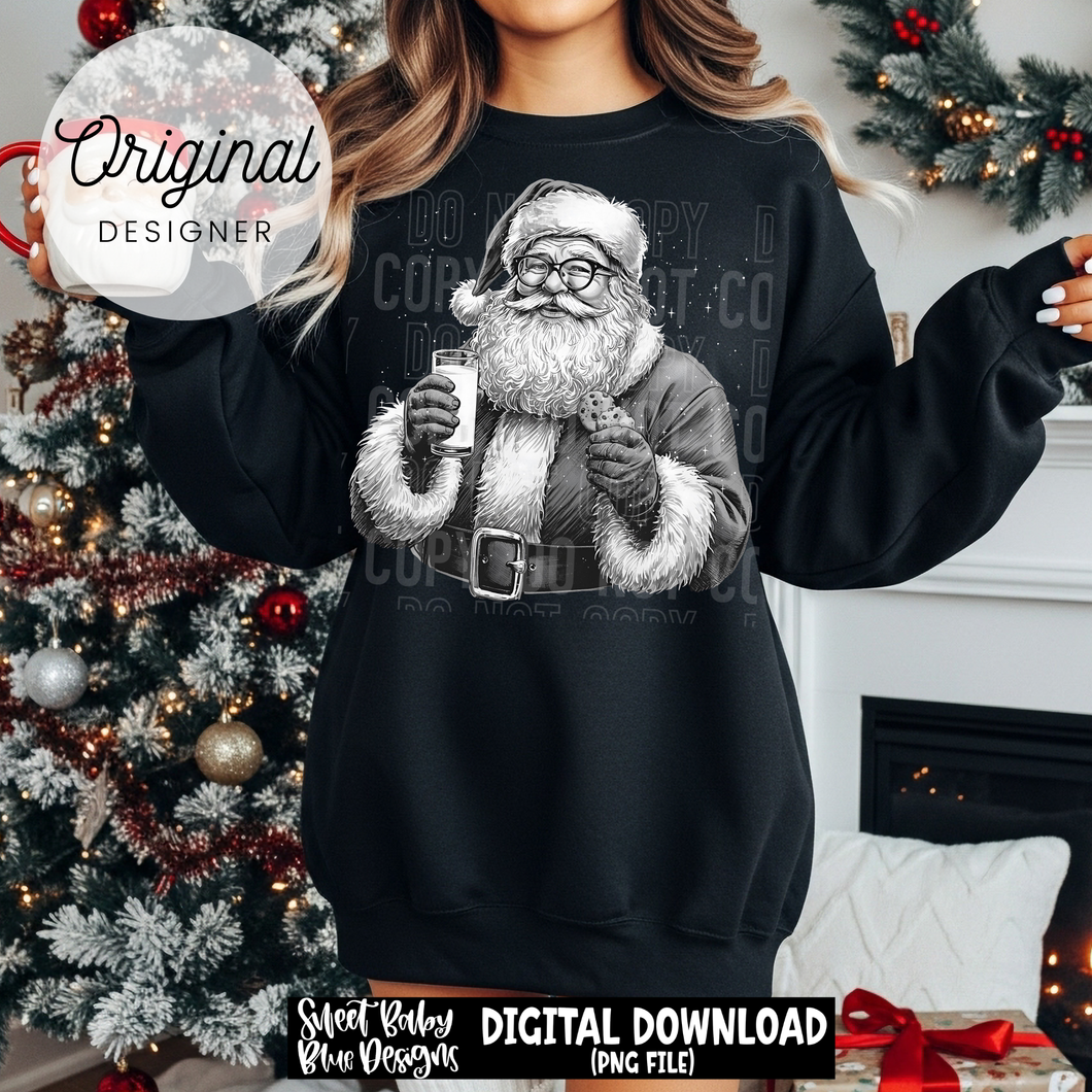 Santa- Milk and cookies- Black and White- Christmas - 2025 - PNG file- Digital Download