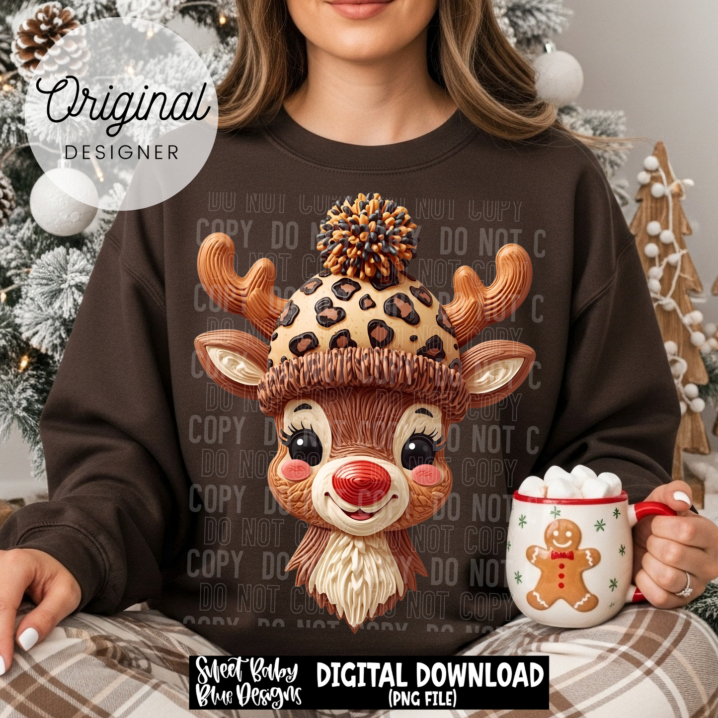Reindeer- Leopard hat- Faux detailed- Christmas - 2025 - PNG file- Digital Download