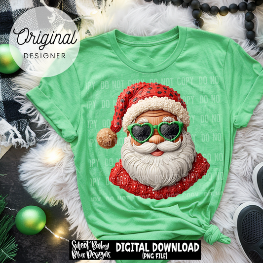 Santa- Green glasses- Faux detailed- Christmas - 2025 - PNG file- Digital Download