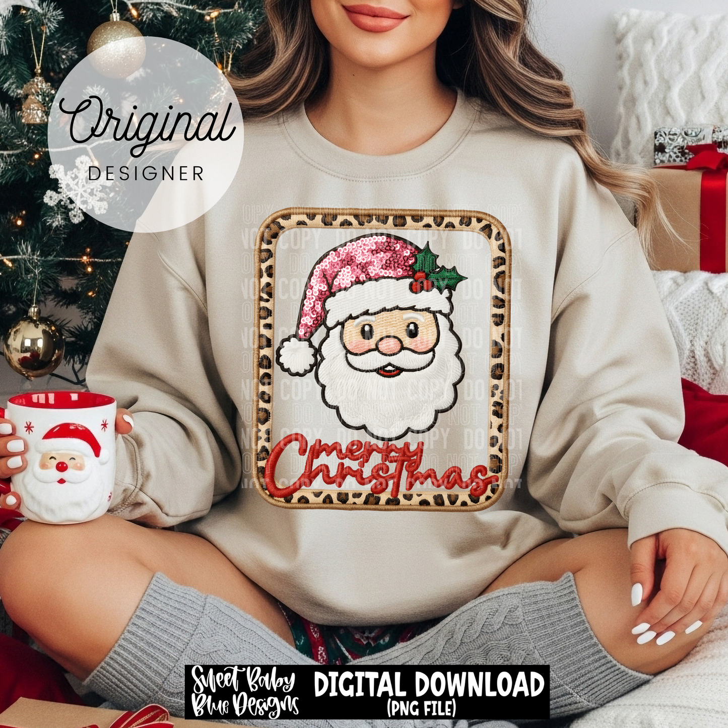 Merry Christmas Santa- Leopard frame- Faux sequin embroidery - 2025 - PNG file- Digital Download