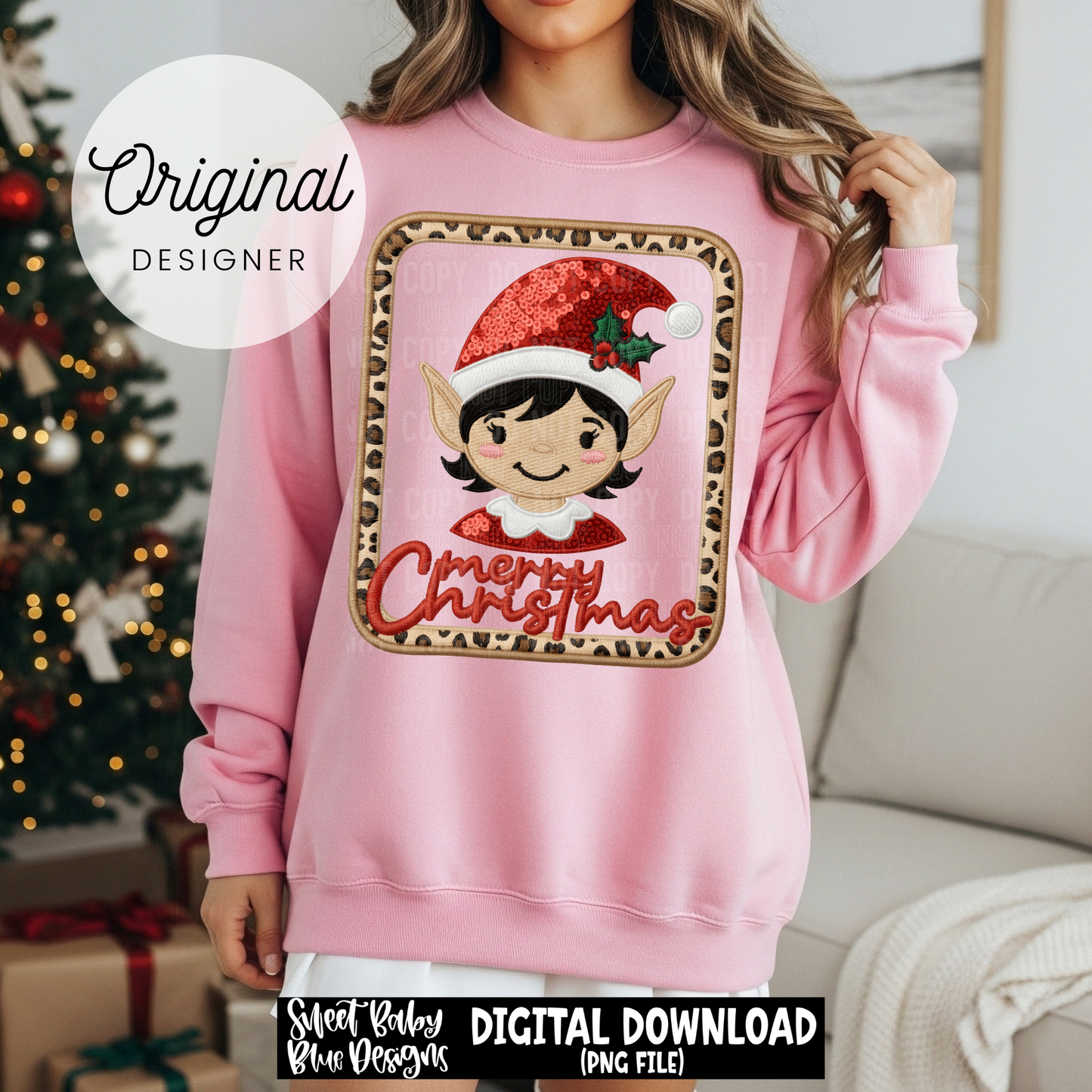 Merry Christmas Elf- Leopard frame- Faux sequin embroidery - 2025 - PNG file- Digital Download