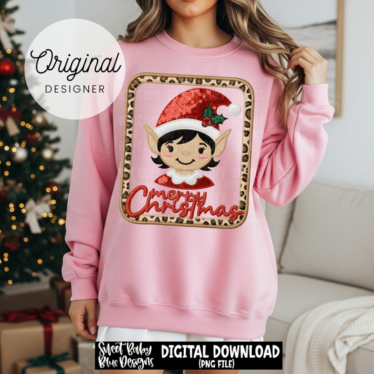 Merry Christmas Elf- Leopard frame- Faux sequin embroidery - 2025 - PNG file- Digital Download