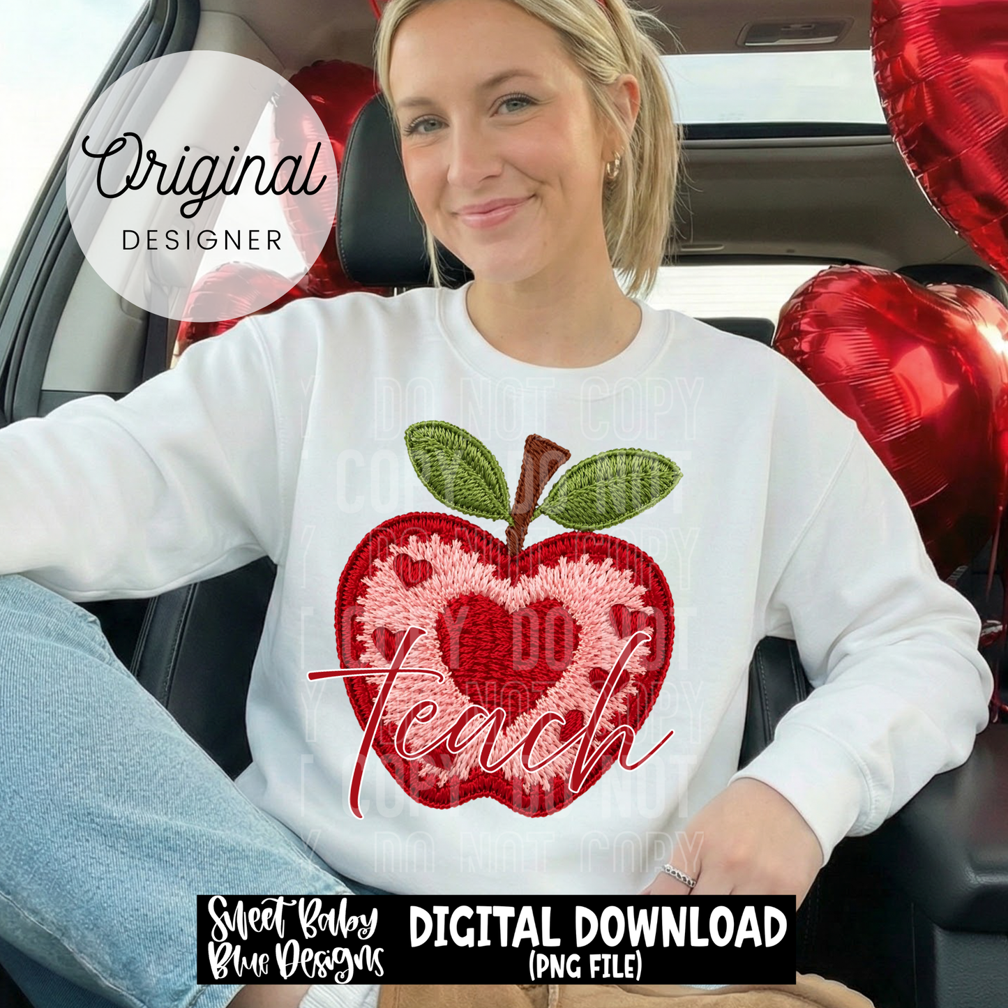 Teach- apple- Faux embroidery- Valentine's - 2025 - PNG file- Digital Download