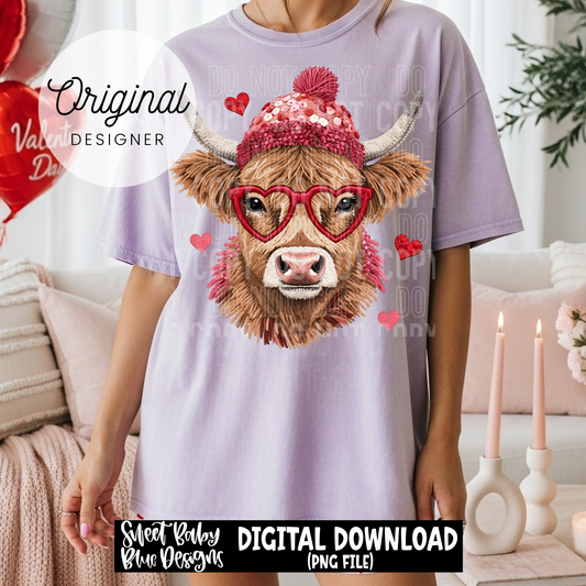 Highland cow Valentine's- Faux embroidery- Valentine's - 2025 - PNG file- Digital Download
