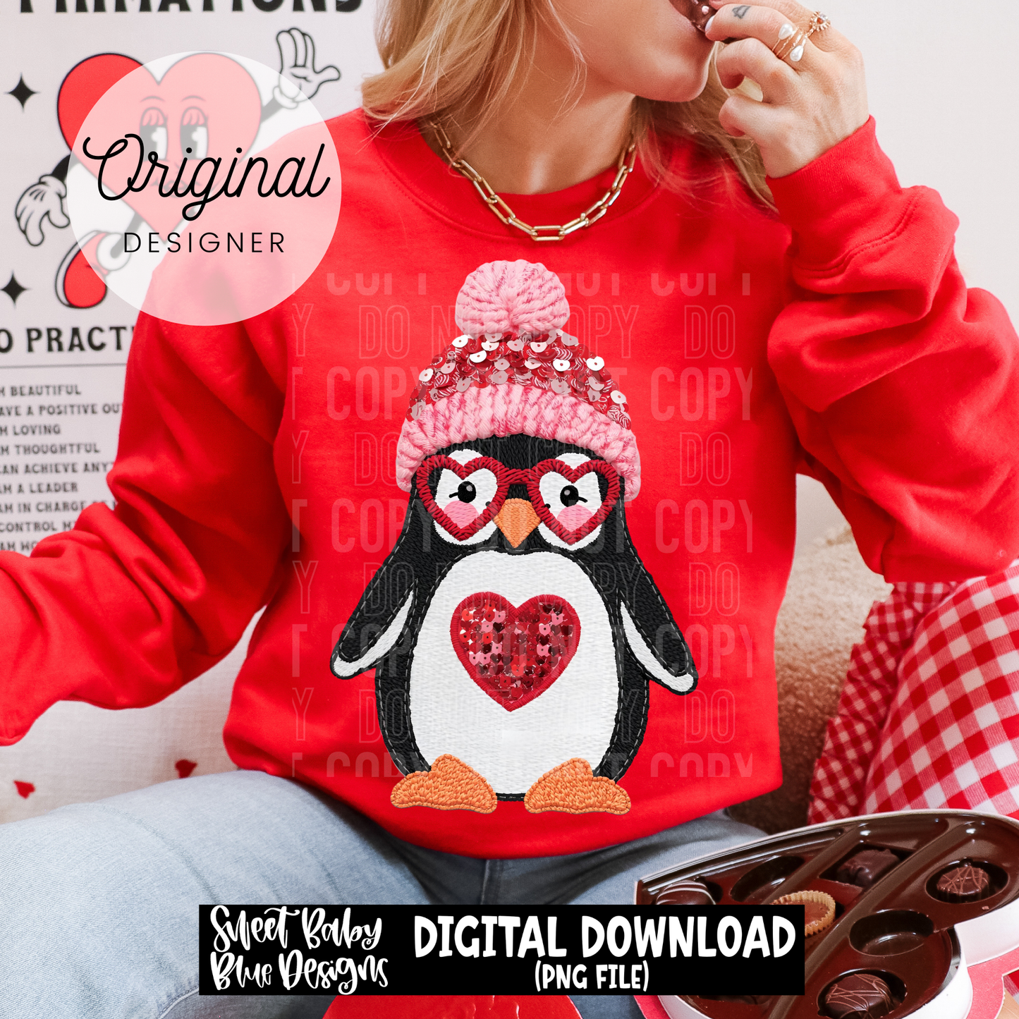 Penguin - Valentine's Day- Faux sequin embroidery- 2025 - PNG file- Digital Download