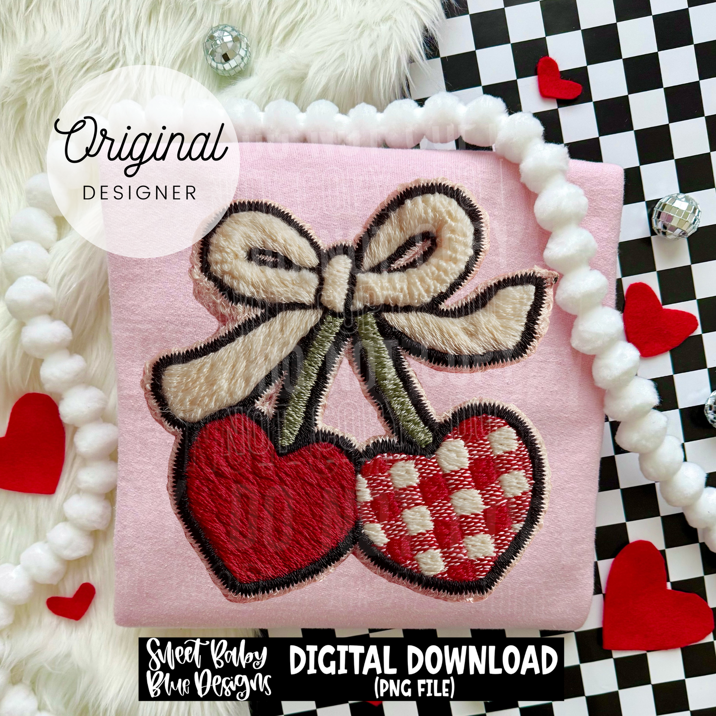 Heart Cherry- Faux Embroidery - 2026 - PNG file- Digital Download