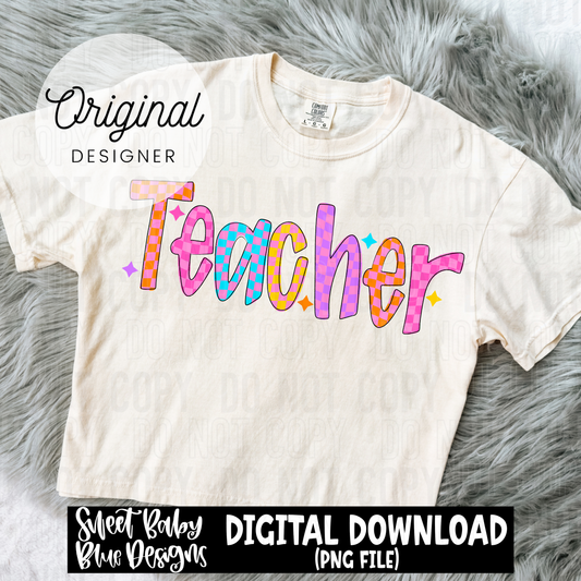 Teacher colorful checkered doodle - 2025 - PNG file- Digital Download