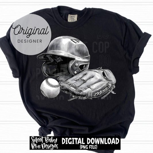 Baseball Helmet Glove Ball- Black and White - 2026 - PNG file- Digital Download