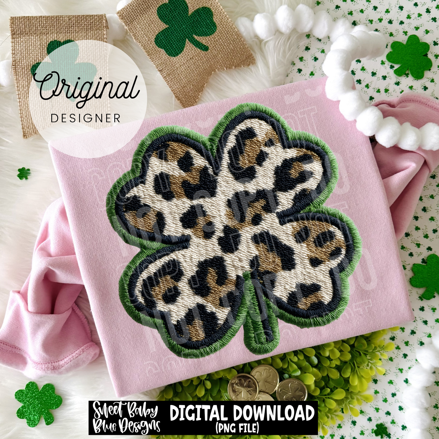 Leopard Clover- St. Patrick's Day - Faux Embroidery- 2026 - PNG file- Digital Download