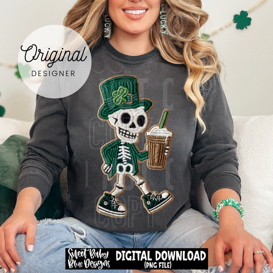 St. Patrick's Day Skeleton Coffee - Faux Embroidery - 2026 - PNG file- Digital Download