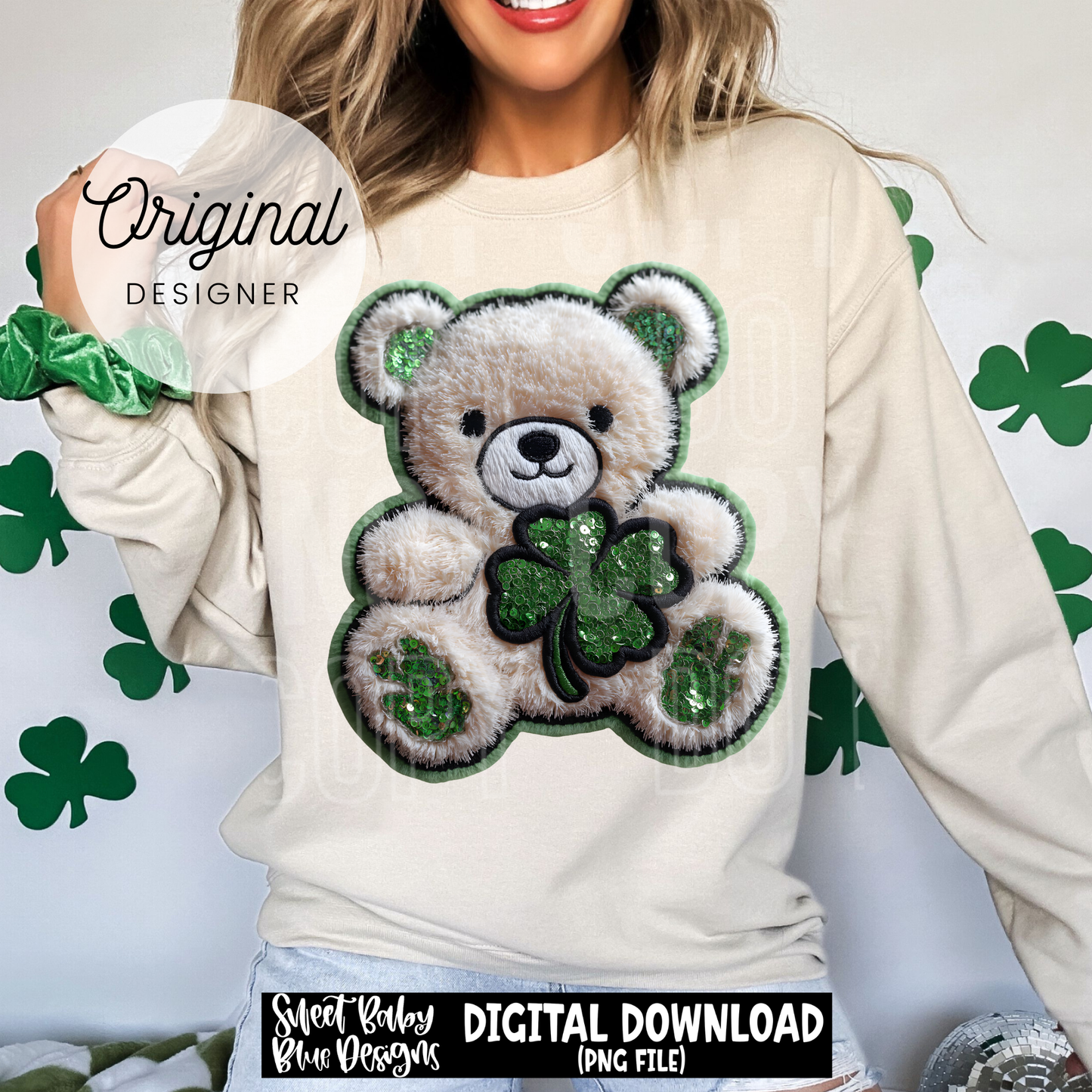 St. Patrick's Day Bear - Faux Embroidery - 2026 - PNG file- Digital Download