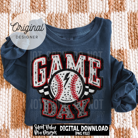 Game Day Baseball- Faux Embroidery - 2026 - PNG file- Digital Download