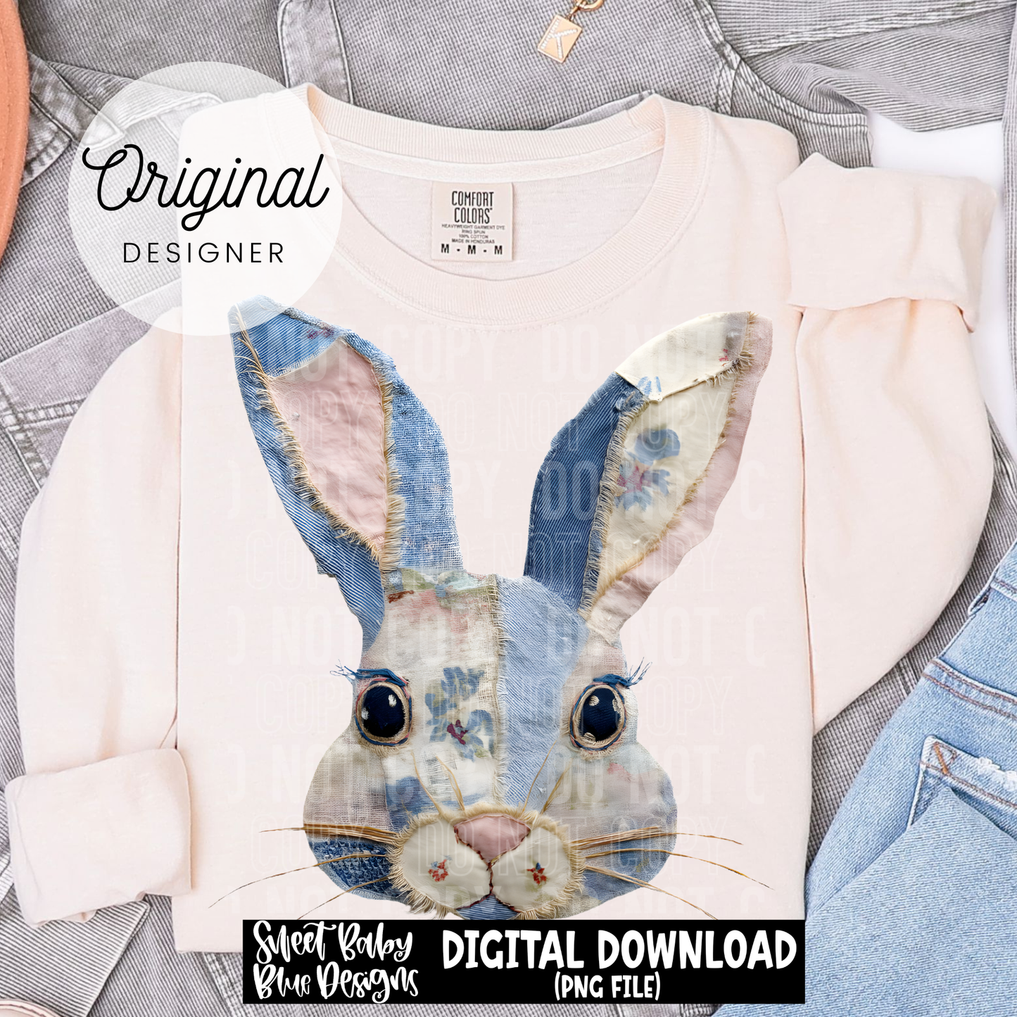 Denim Patch Easter Bunny - 2026 - PNG file- Digital Download