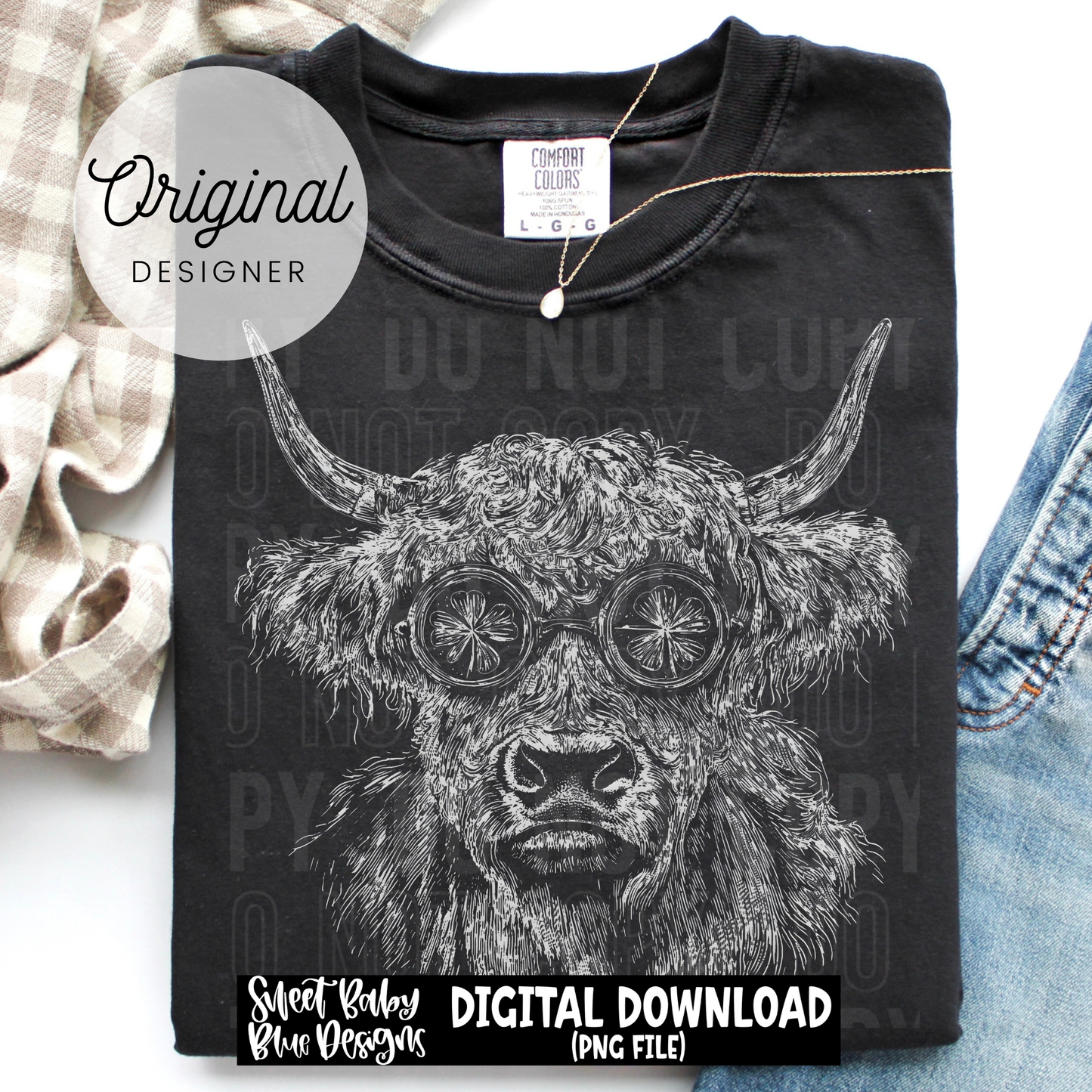 Highland Cow Clover Glasses Sketch - 2026 - PNG file- Digital Download