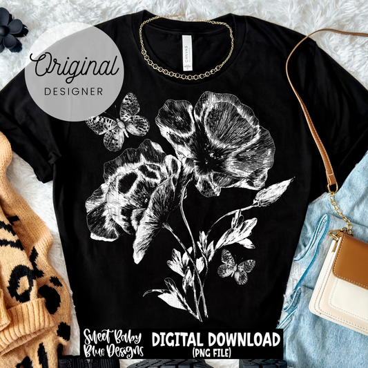 Flower Butterfly Sketch - 2026 - PNG file- Digital Download