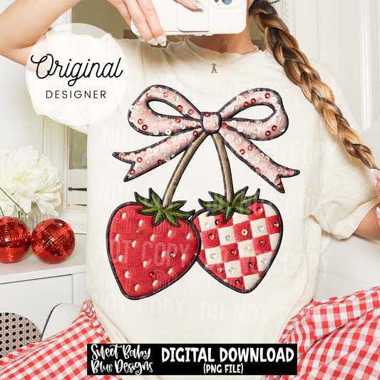 Strawberry Cherry Stem Bow - 2026 - PNG file- Digital Download