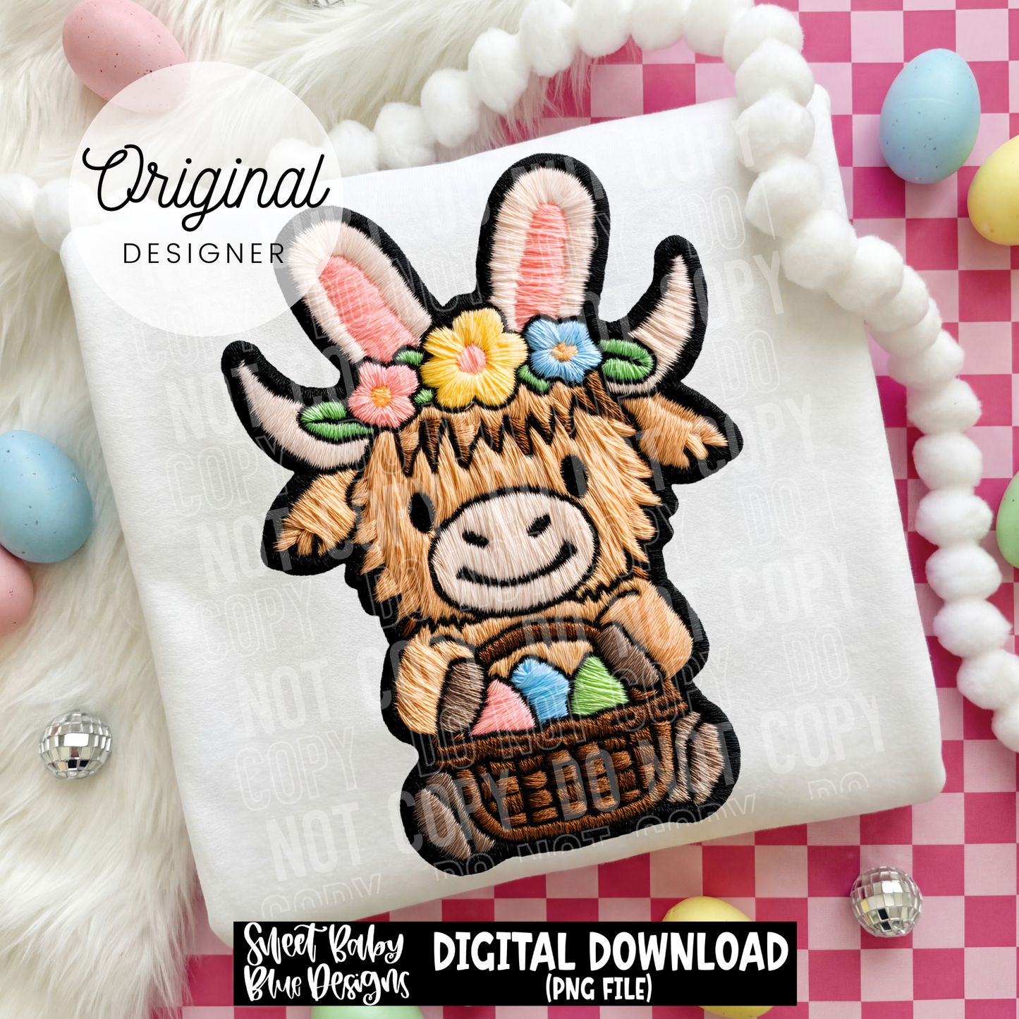 Highland Cow Easter- Faux Embroidery - 2026 - PNG file- Digital Download