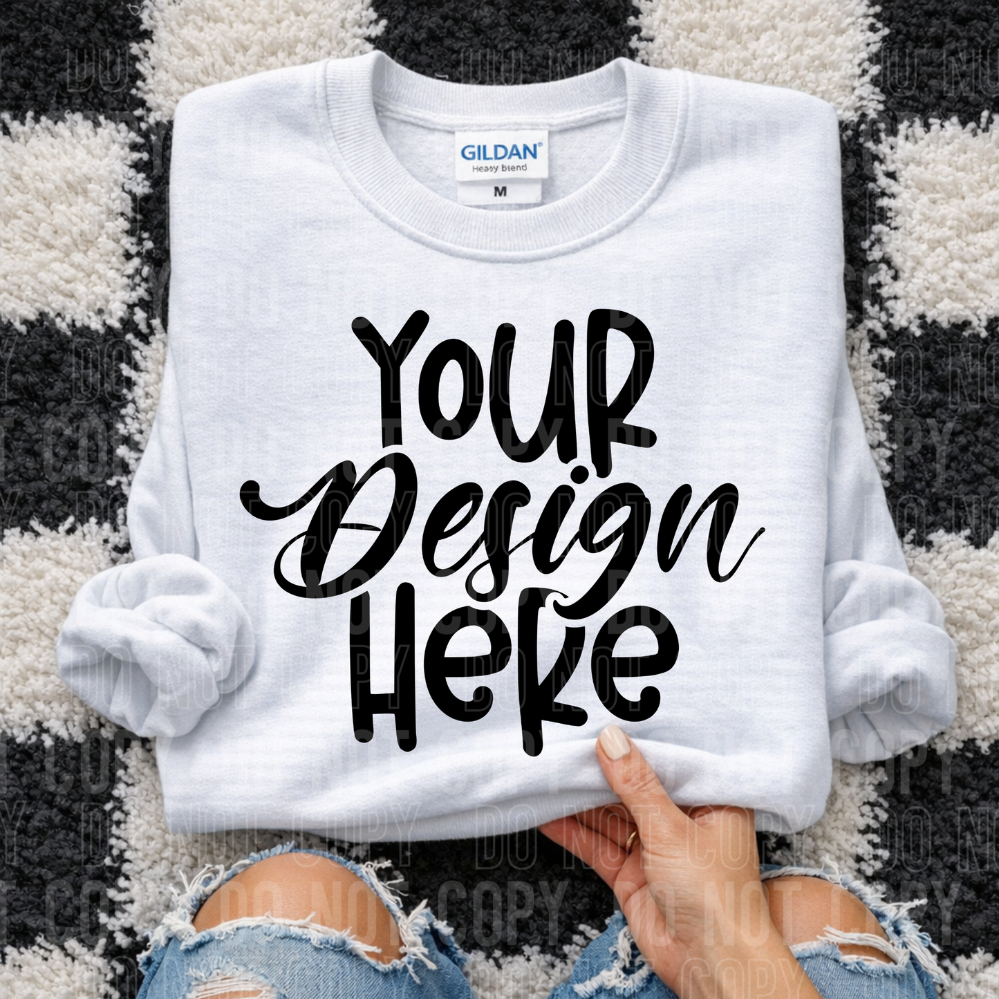 Gildan 18000 White Mockup - Flat Lay Checkered - 2026 - PNG file- Digital Download