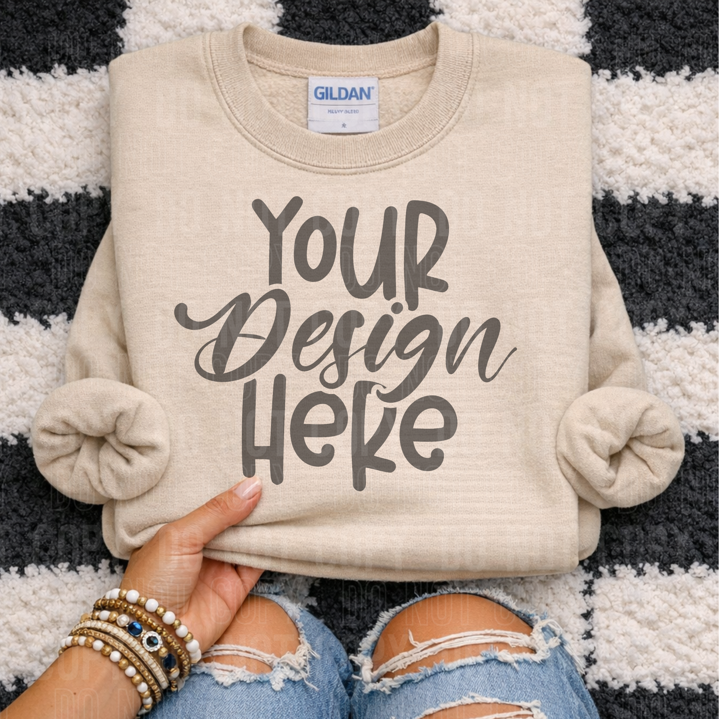 Gildan 18000 Sand Mockup - Flat Lay Checkered - 2026 - PNG file- Digital Download