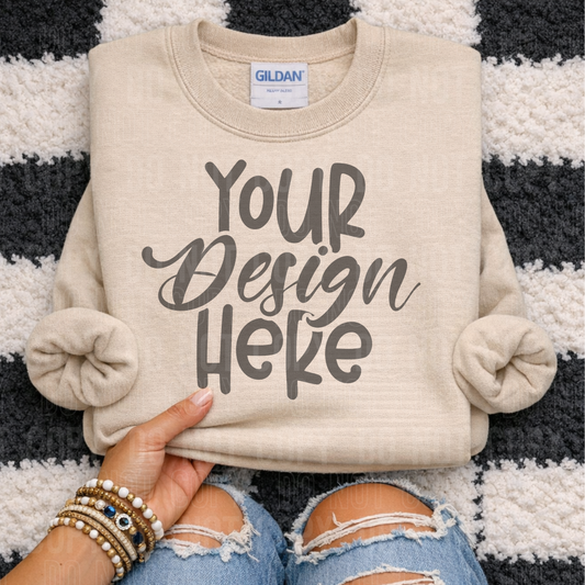 Gildan 18000 Sand Mockup - Flat Lay Checkered - 2026 - PNG file- Digital Download