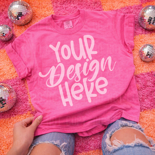 Neon Pink Comfort Colors 1717 Mockup - Retro Flat Lay- 2026 - PNG file- Digital Download
