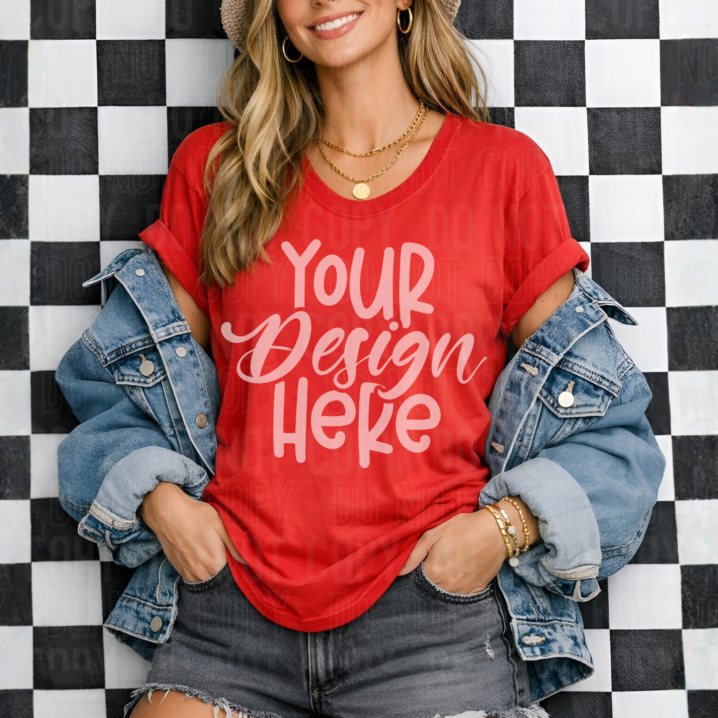 Red Bella Canvas 3001 Mockup - Checkered - 2026 - PNG file- Digital Download