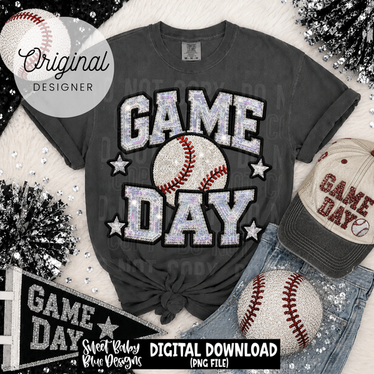 Game Day Baseball - Faux Sequin- Faux Embroidery - 2026 - PNG file- Digital Download