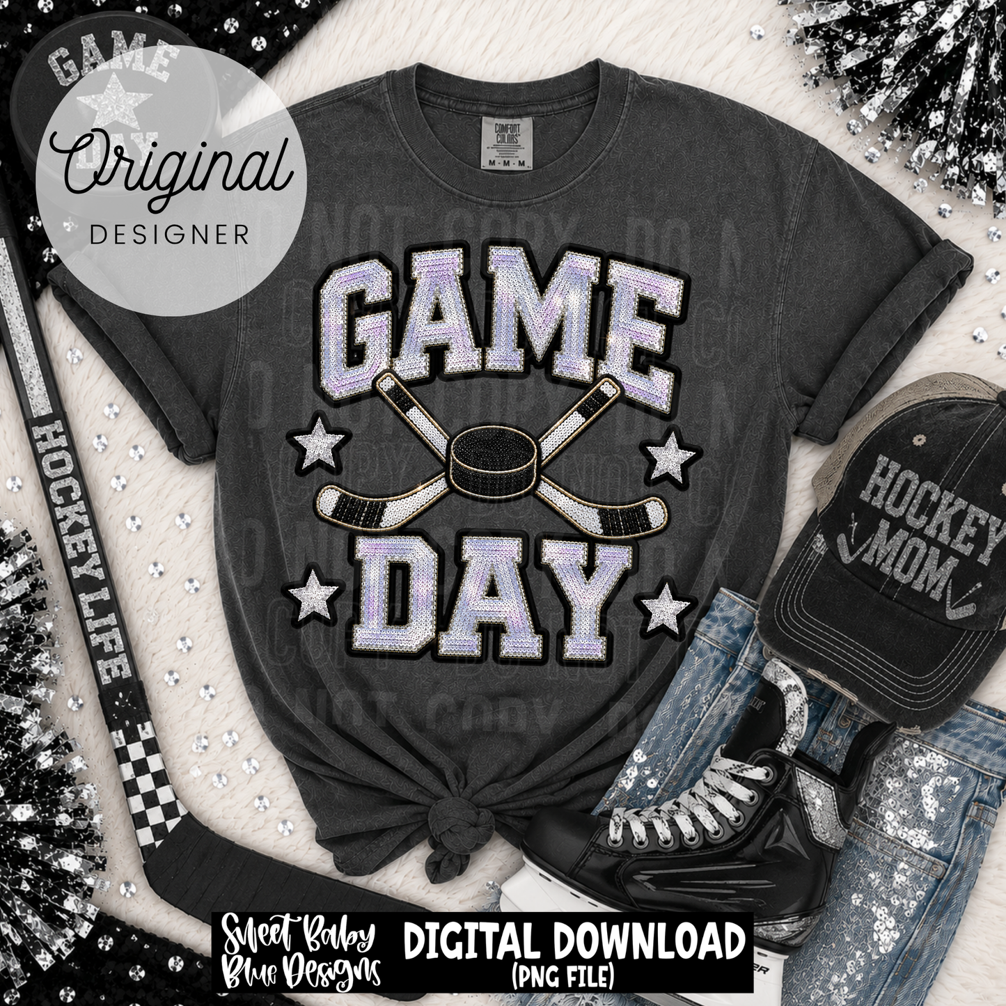 Game Day Hockey - Faux Sequin- Faux Embroidery - 2026 - PNG file- Digital Download