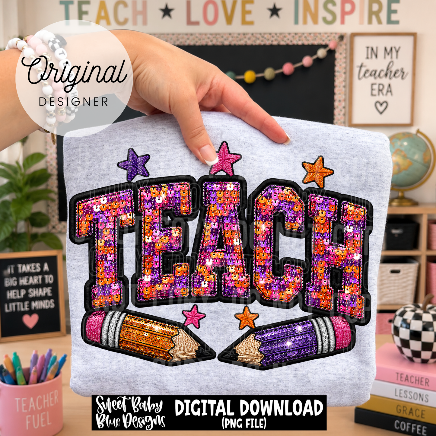 Teach - Faux Sequin- Faux Embroidery - 2026 - PNG file- Digital Download