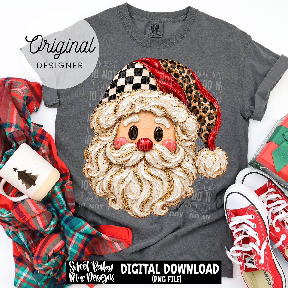 Santa- Christmas- Faux Painted- Leopard Checkered - 2026 - PNG file- Digital Download