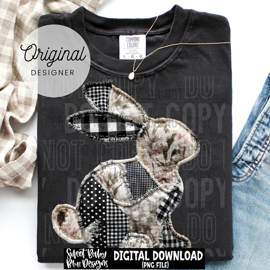 Black and White Easter Bunny- Patch Faux Yarn - 2026 - PNG file- Digital Download