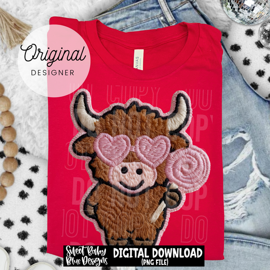 Highland Cow Lollipop Valentine's Day- Faux Embroidery - 2026 - PNG file- Digital Download