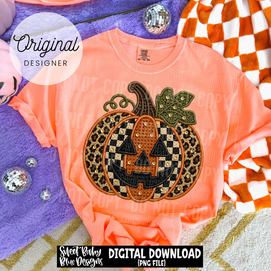 Jack O Lantern Plaid Leopard Faux Embroidery- Halloween - 2026 - PNG file- Digital Download