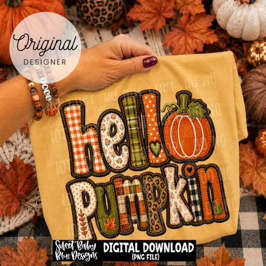 Hello Pumpkin - Faux Embroidery - Halloween - 2026 - PNG file- Digital Download
