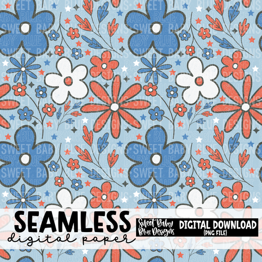 4th of July floral - Seamless - Digital paper- 2023 - PNG file- Digital Download