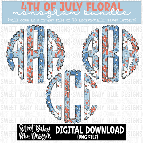 4th of July floral - Monogram Bundle- 2023 - PNG file- Digital Download