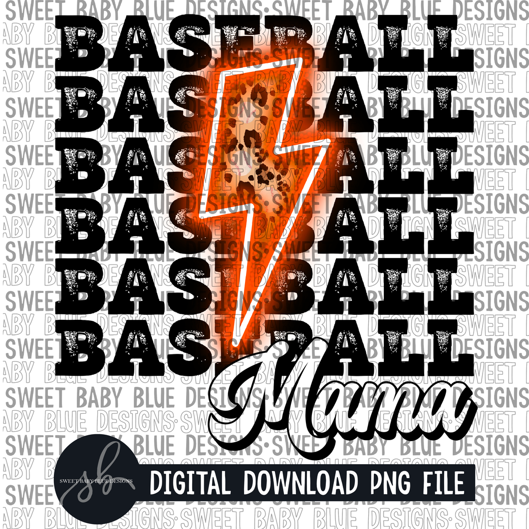 Baseball mama- Orange bolt - Leopard- 2022 - PNG file- Digital Download