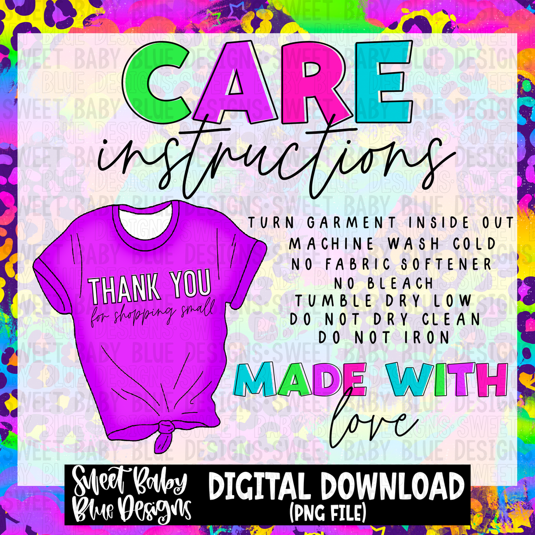 Bright leopard brush shirt care instructions- 2023 - PNG file- Digital Download