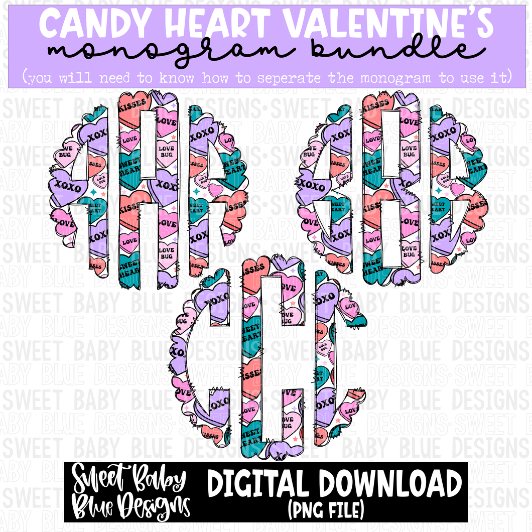 Candy heart Valentine's Monogram - Monogram Bundle- 2023 - PNG file- Digital Download