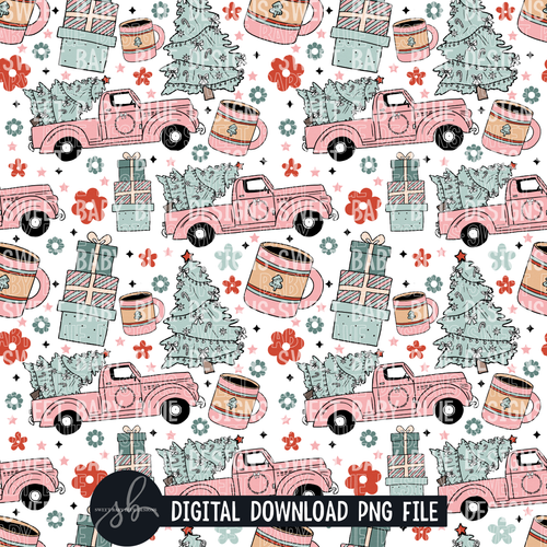 Christmas retro truck- SEAMLESS digital paper- Christmas- 2022 - PNG file- Digital Download