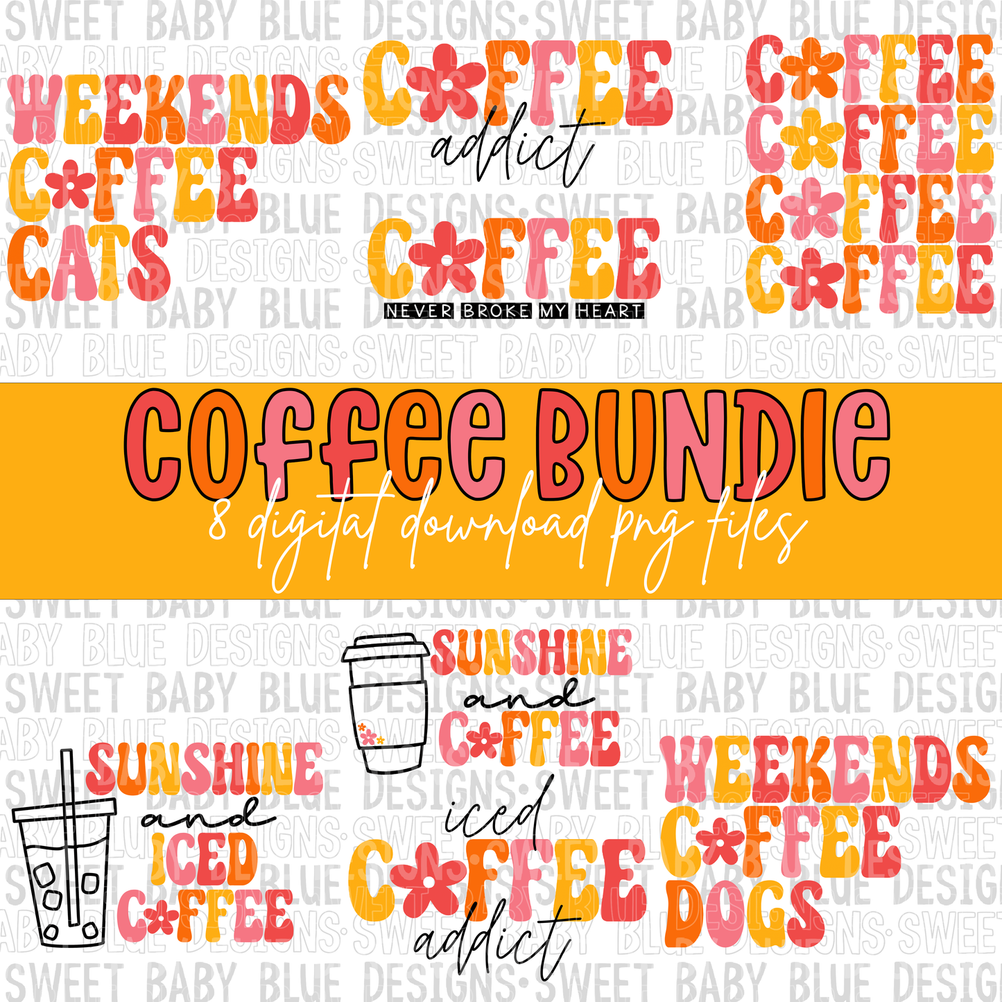 Coffee Bundle- 8 Digital downloads- Retro- Flower- 2022 - PNG file- Digital Download