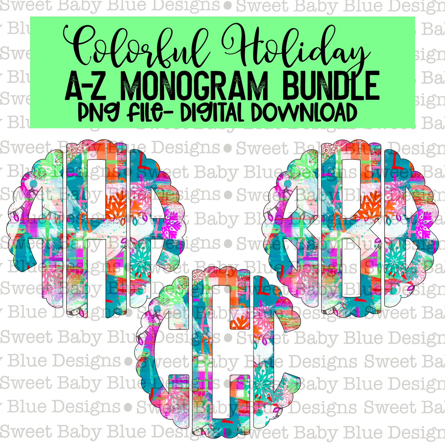 Colorful holiday- Christmas - Monogram Bundle- PNG file- Digital Download
