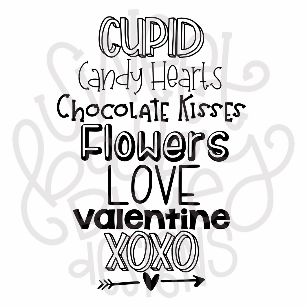 Cupid candy hearts chocolate kisses flowers- Valentines Day- PNG file- Digital Download