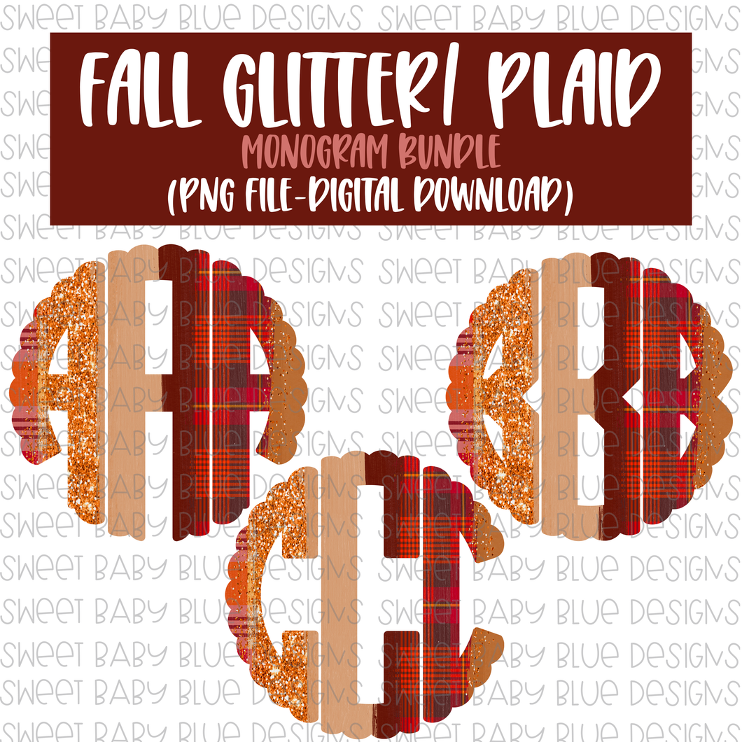 Fall Plaid/Glitter monogram bundle- PNG file- Digital Download