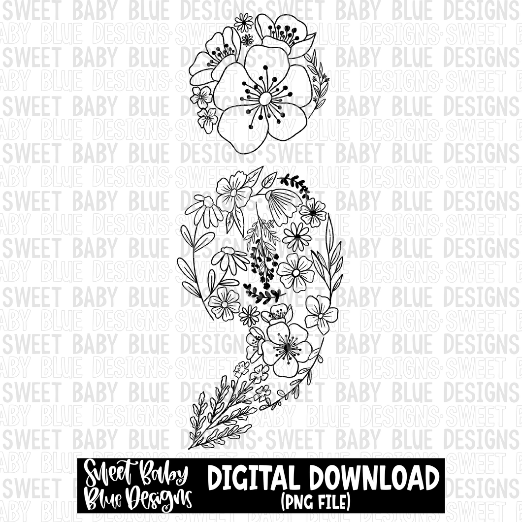 Floral semicolon- Mental health- Single color - 2023 - PNG file- Digital Download