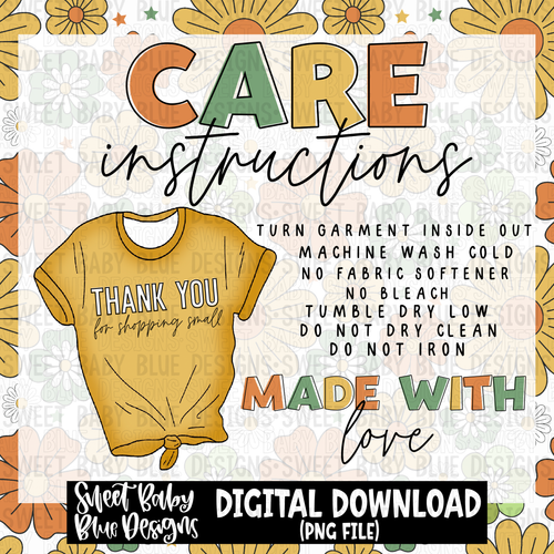 Floral retro shirt care instructions- 2023 - PNG file- Digital Download